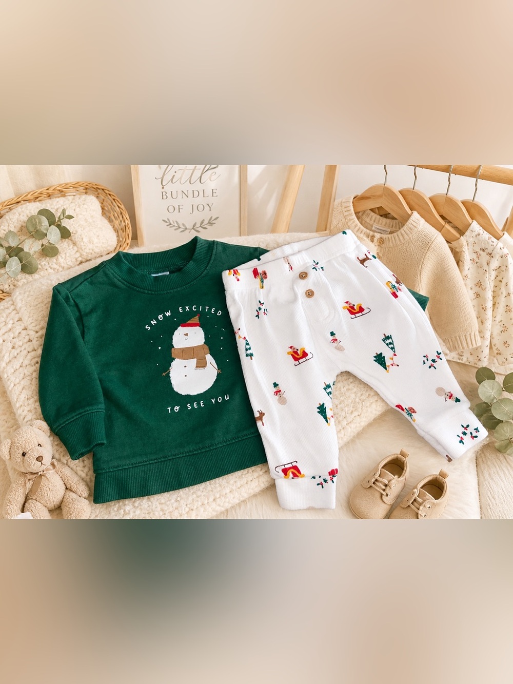 Carter’s  Green Snowman Sweatshirt & White Holiday Print Pants Baby Set | 3M GUC